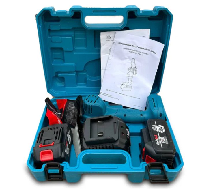 Немска акумулаторна мини резачка/трион с 16 см шина и куфар, 36V 8Ah батерии и 2 вериги – мощност и прецизност