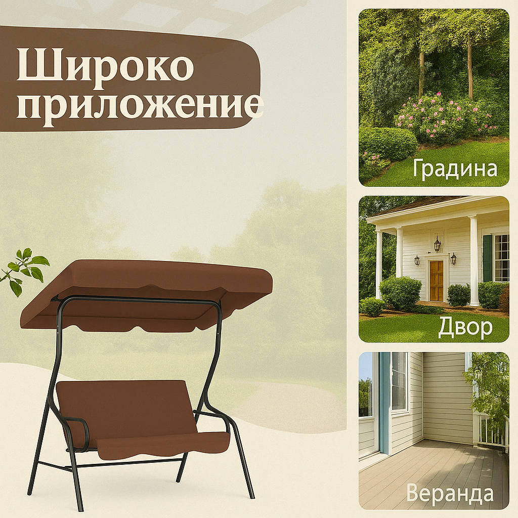 3-местна Водоустройчива Градинска Люлка със сенник до 240кг Garden-кафява