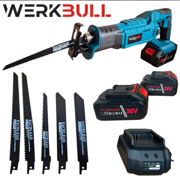 Немски Безчетков Акумулаторен WerkBull 36V Саблен трион + 2бр батерии 8Ah и 5 ножа